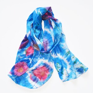 Blue Shibori scarf- Hand dyed silk scarf- Womens scarves- Fall silk scarf- Head scarf blue red- Painted scarf for mom- Shoulders Shawl Blue