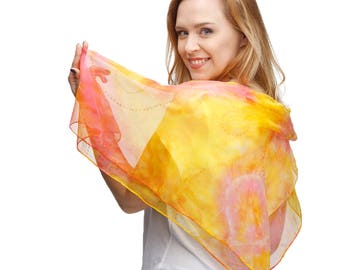 Peach Silk Scarf- Silk scarf square- Hand painted scarf- Yellow Silk Scarf- Womens Scarves- Shibori Style Scarf- Abstract Scarf- Hair scarf