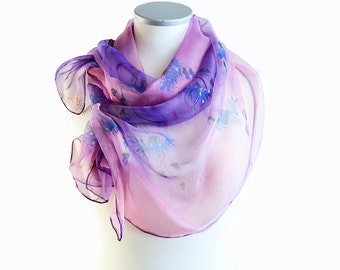 Silk scarf with Cornflowers- Purple Scarf- Painted scarf flowers- Women shawl- Neck scarf- Art gift for her- Wife Mother Gift- Floral scarf