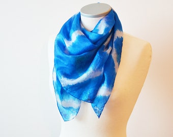 Scarf Blue Square- Blue Silk Scarf- Scarf Women- Neck silk Scarf- Shibori Scarf Blue- Painted Blue Shawl- Scarves For Women- Blue boho scarf