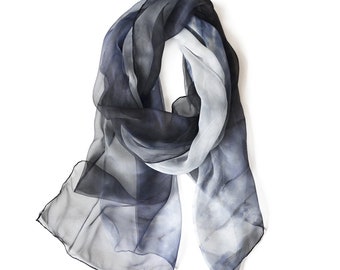 Gray Chiffon Scarf- Pastel Shawl- Gift Black Scarf- Painted Long Scarf- Mom Gift- Women Birthday Idea- Mom Gift Idea- Anniversary Gift Mom
