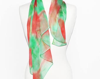 Silk Scarf For Women Hand Painted in Red And Mint Colors. Green Lightweight Square Shawl