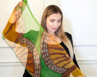 Butterfly wings scarf- Butterfly scarf- Hand painted silk scarf- Green silk scarf- Orange scarf- Monarch butterfly scarf- Long silk scarf
