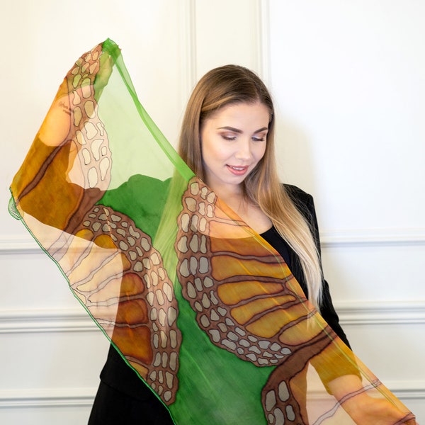 Butterfly wings scarf- Butterfly scarf- Hand painted silk scarf- Green silk scarf- Orange scarf- Monarch butterfly scarf- Long silk scarf