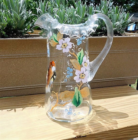 Northwood Art Glass Pitcher / Antique Victorian / Enamel Hand Painted Bird Flowers / Ruffled Crimped Top