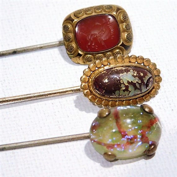 Antique Stick Pin / Victorian Hat Pin / Edwardian Stickpin / Foil Art Glass / Dragons Breath / Carnelian Glass / Intaglio