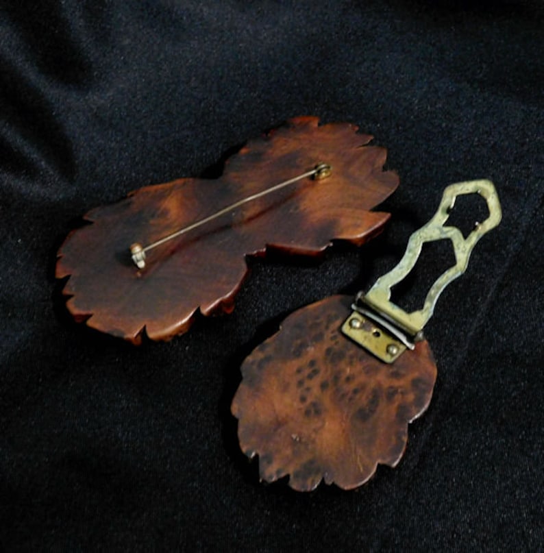 Vintage 40s Hand Carved Wood Wooden Brooch and Matching Fur Clip