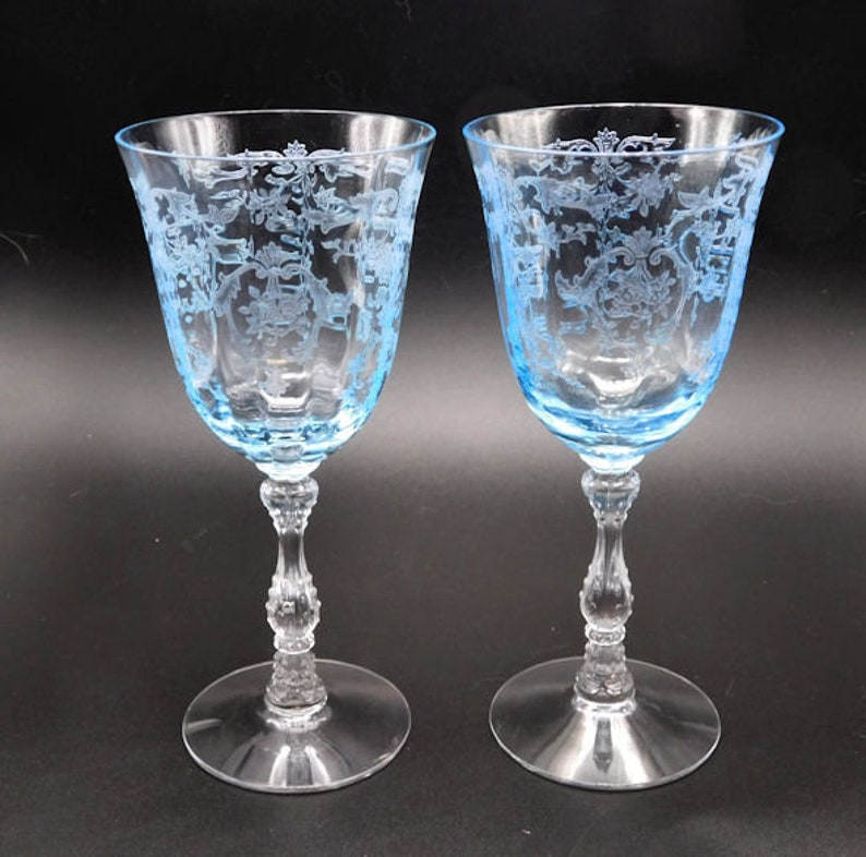 PAIR Vintage Signed FOSTORIA Glass Azure Blue Etched Navarre Etsy