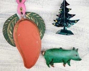 Vintage Pressed Tin Ornaments, Mexican Folk Art-Pig, Tree, Fruit V039