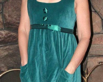 Vintage Baby Doll, Teal Green Velvet, Mini Dress, Vintage Dress, Party Dress, Empire Waist, Size M, Vintage Mini Dress, VI480