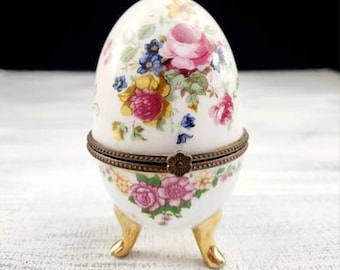 Vintage Porcelain Egg Shaped Trinket Box Gold Trim Footed Hinged Floral Faberge Bone China V022