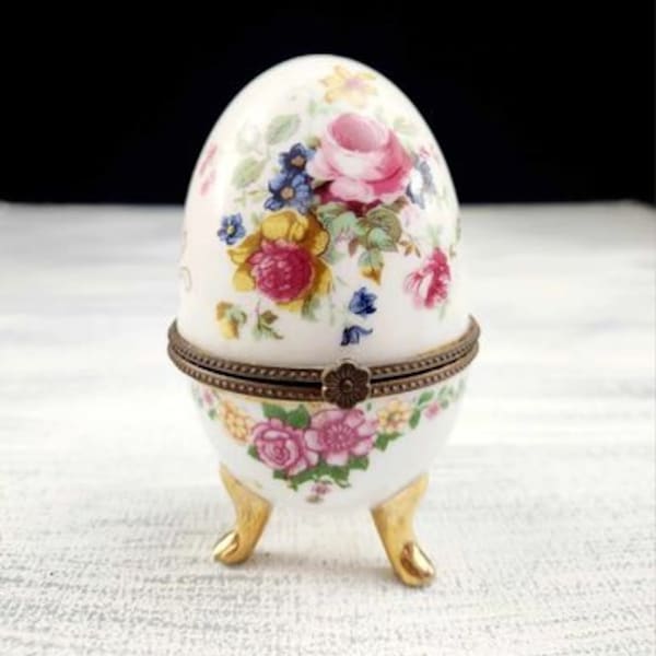 Vintage Porcelain Egg Shaped Trinket Box Gold Trim Footed Hinged Floral Faberge Bone China V022