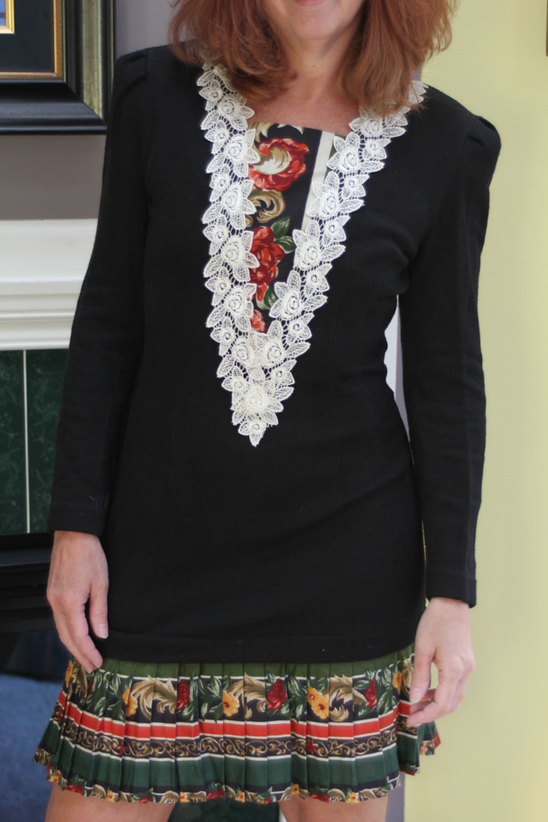 Black Knit Dress/vintage Holiday Dress/floral Dress/floral Etsy