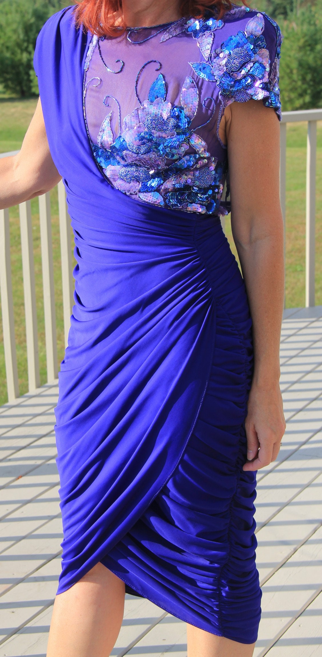 2729 Purple Patterned Sheer Sleeve Dress