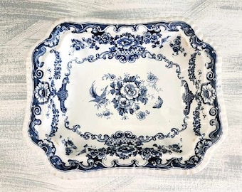 Antique Flow Blue Serving Bowl Octagon Lincoln Bisto England FWB V017