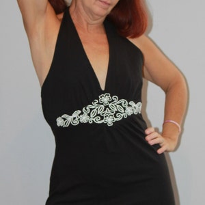 Black Halter Top/Long Halter Top/Vintage Black Halter/Festival Top/Gothic Black Halter/Club Top/Disco Top/Embroidery/VI145