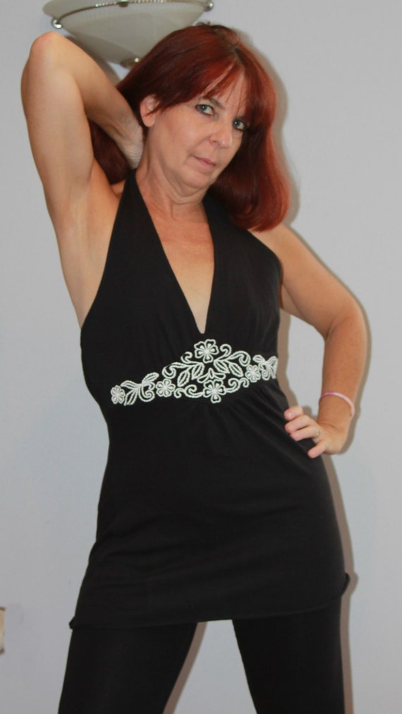 Black Halter Top/Long Halter Top/Vintage Black Ha… - image 1