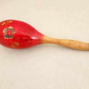 Vintage Mexican Maraca Shaker, Wood, Painted Red, Mexican Folk Art V065