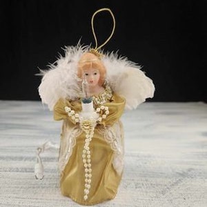 Victorian Lighted Angel Ornament Christmas Beads Lace Porcelain Face Feathers V048