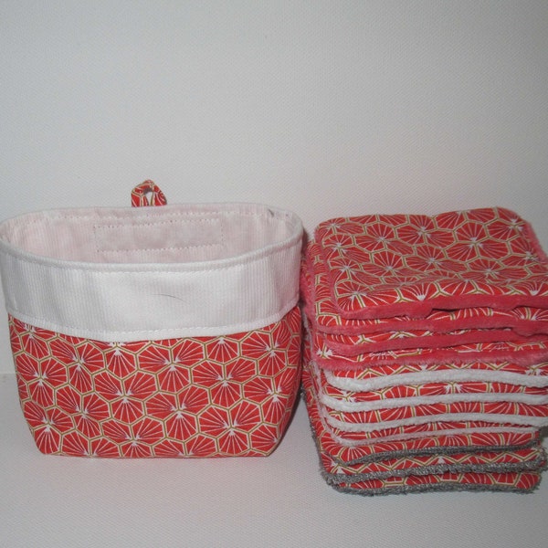 Lingettes lavables, lingettes bébé, coton démaquillant, tissu japonais orange corail, doublées éponge bambou, microfibre, minky