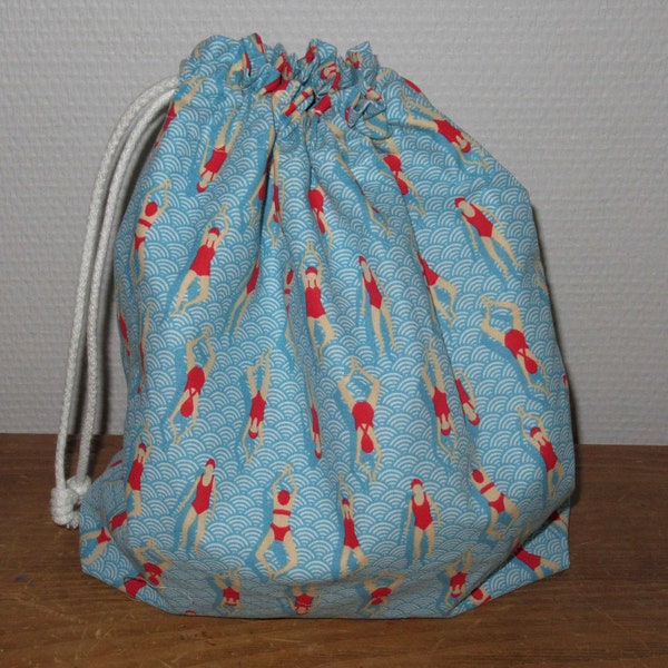 Sac imperméable, sac piscine, sac à maillot, sac étanche, pour retour piscine avec maillots de bain mouillés, tissu vagues bleues, nageuses,