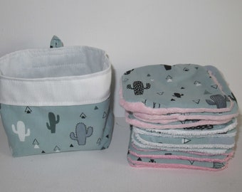 Lingettes lavables, lingettes bébé, cotons démaquillants, coton vert de gris, motif cactus, doublé éponge bambou, microfibre et minky rose