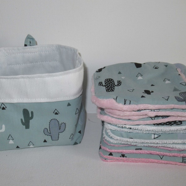 Lingettes lavables, lingettes bébé, cotons démaquillants, coton vert de gris, motif cactus, doublé éponge bambou, microfibre et minky rose