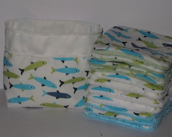 Lingettes lavables, lingettes bébé, coton démaquillant, bleu, poissons graphiques, doublées éponge bambou bio, minky, microfibre, été, mer