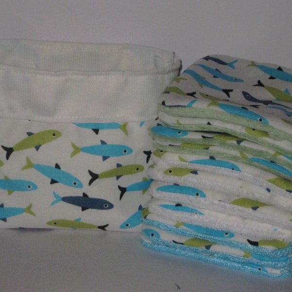 Washable wipes, baby wipes, cotton makeup remover, blue, graphic fish, lined organic bamboo sponge, minky, microfiber, summer, sea