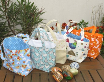 Sacs œufs de Pâques ,sac à trésors, sac  enfant, tissu poules et coqs ou lapins, doublé de coton, fête de Pâques