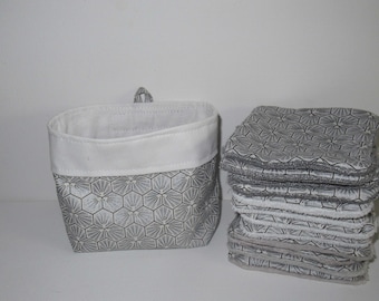 Lingettes lavables, lingettes bébé, coton démaquillant, tissu japonais, gris argent, doublées éponge bambou, microfibre, minky