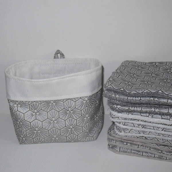 Lingettes lavables, lingettes bébé, coton démaquillant, tissu japonais, gris argent, doublées éponge bambou, microfibre, minky