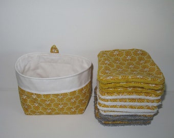 Lingettes lavables, lingettes bébé, coton démaquillant, tissu japonais, doublées éponge bambou, microfibre, minky, jaune moutarde