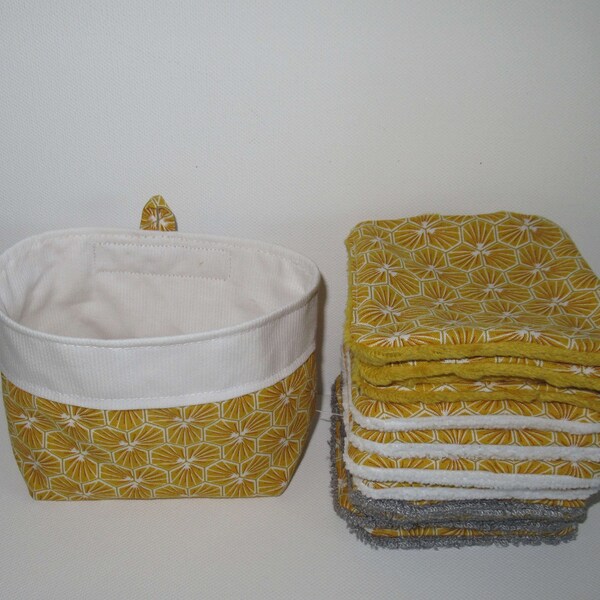 Lingettes lavables, lingettes bébé, coton démaquillant, tissu japonais, doublées éponge bambou, microfibre, minky, jaune moutarde