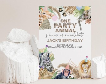 May include: A party invitation for a child's first birthday. The invitation features a jungle theme with a giraffe, zebra, monkey, and lion. The text reads "One Party Animal" and "Jack's Birthday". The date and time of the party are listed as "May 1st at 4pm" and the address is "123 Main Street Chicago, IL 12345".
