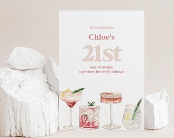 Editable 21st Birthday Invitation | Pink & White Design | Digital Download | Canva Template | Cocktail Invite | Twenty-First Birthday Invite