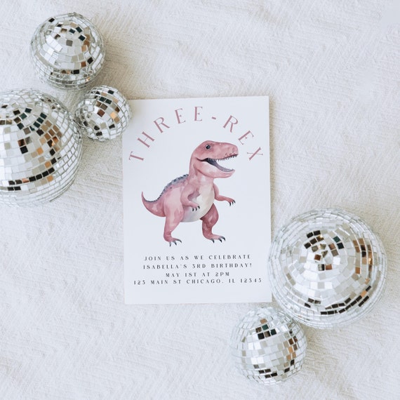 Editable Three-Rex 3rd Birthday Invitation | Pink Dinosaur Invite | Watercolor Dino Invite | Third Birthday | Digital Invite | Customizable