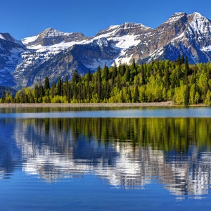 May include: A scenic view of a mountain range with snow-capped peaks reflected in a still lake. The mountains are covered in lush green trees and the lake is a vibrant blue.