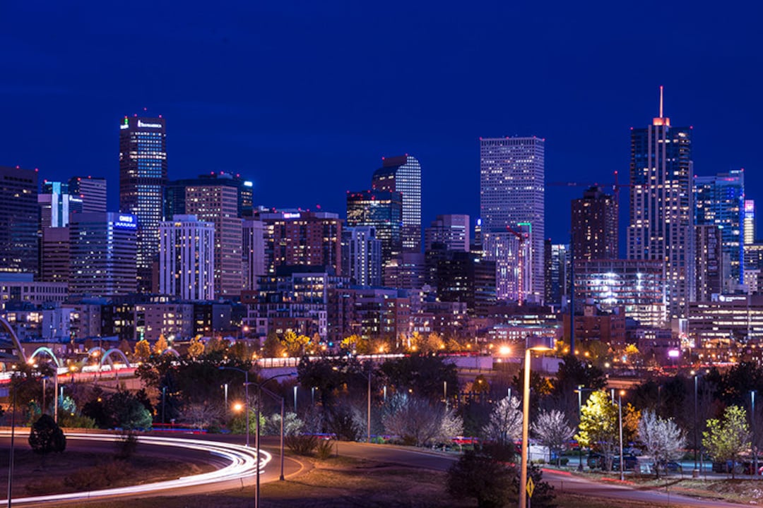 Denver Skyline at Night, Cityscape, Colorado Photography, Skyscrapers