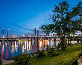Sunset Art, Jeffersonville Indiana, Waterfront, Louisville Kentucky, Ohio River, John Kennedy, Abraham Lincoln, Bridge, Fine Art Photo Print