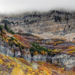 May include: A rocky mountainside with a layer of fog covering the top. The mountainside is covered in trees and foliage, with a mix of green, yellow, and brown colors.
