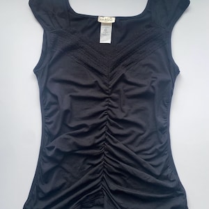 Vintage 90s Black Ruched Tank Top: Arianne Lace Trim, Size S