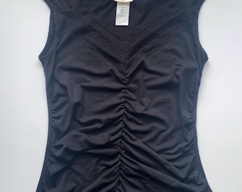 Vintage 90s Black Ruched Tank Top: Arianne Lace Trim, Size S