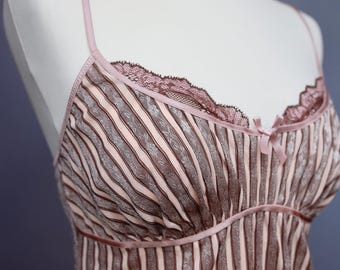 Vintage 90s Passionata Lace Trim Tank Top: Brown Pink Ribbed Coquette Tee, XL