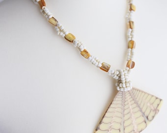 New with Tags Seed Bead Necklace Capiz Shell Pendant Nautilus Spiderweb Oyster Shell