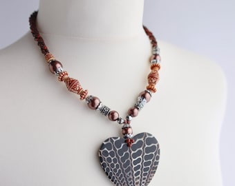 Capiz Shell Heart Pendant Necklace: Seed Bead & Pearl - 2005 UK Design
