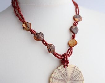 New with Tags Seed Bead Necklace Capiz Shell Pendant Nautilus Spiderweb Oyster Shell