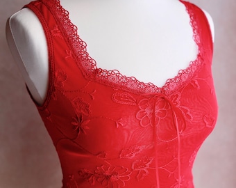 90s Arianne Lace Trim Top: Vintage Red Embroidered Mesh, Size S