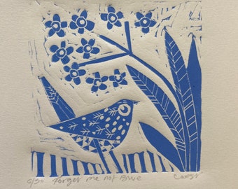 Forget me not blue, limited edition linocut artwork, featuring a wren and forget me not flowers