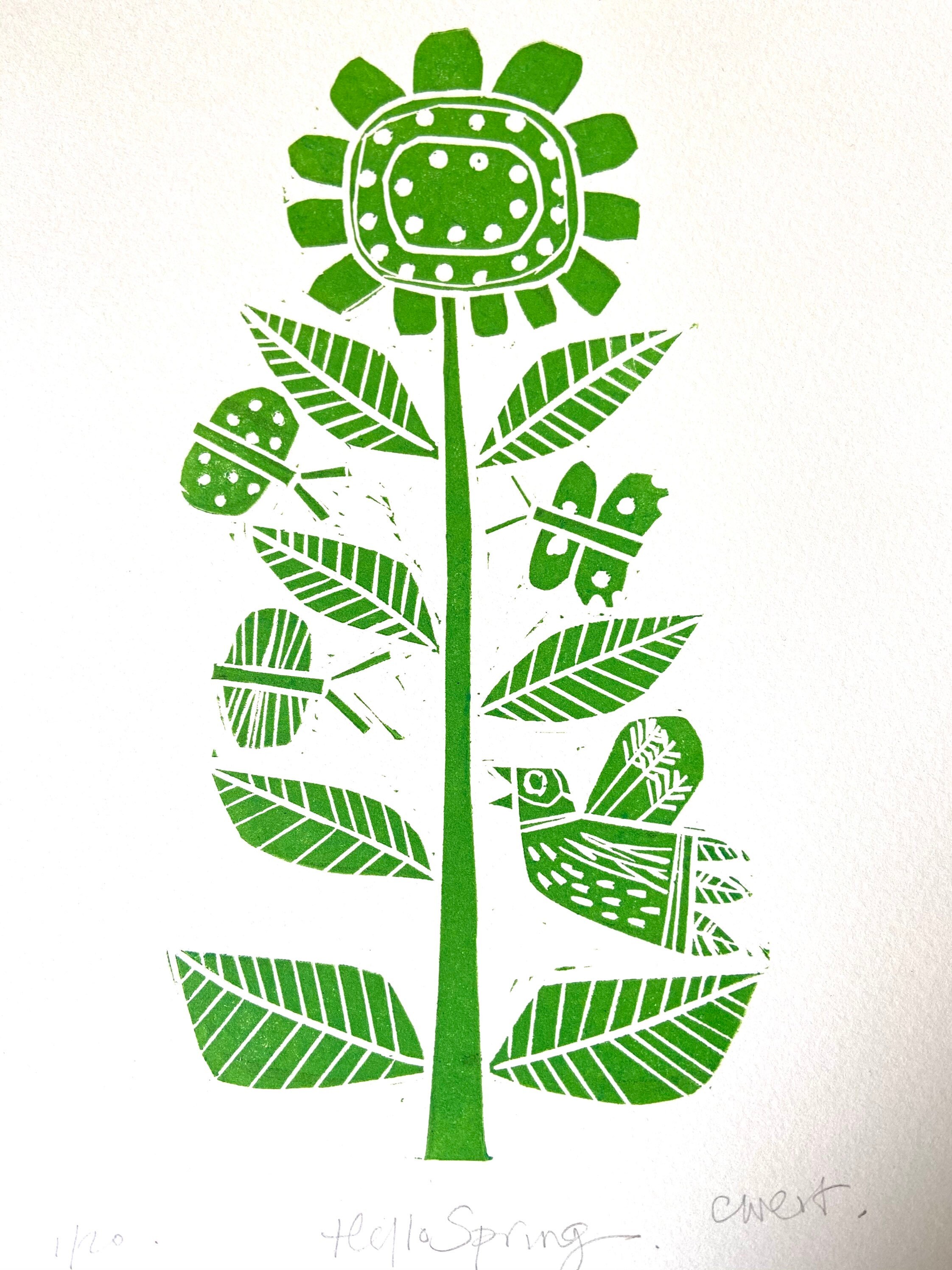 Hello Spring Limited Edition Linocut Flower Bird and - Etsy